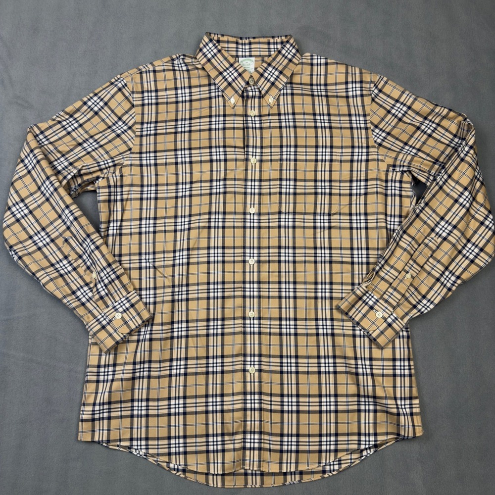 Brooks Brothers Milano Plaid Shirt Mens XL Tan Supima Non-Iron Button Down